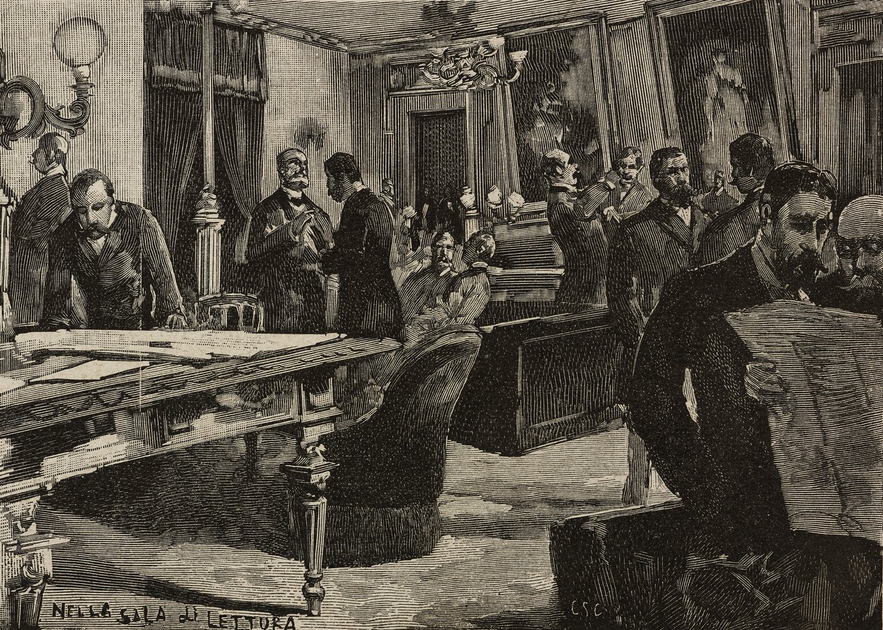 Čítárna v Palazzo Montecitorio, Řím, Itálie, rytina podle kresby Dante Paolocci, z L