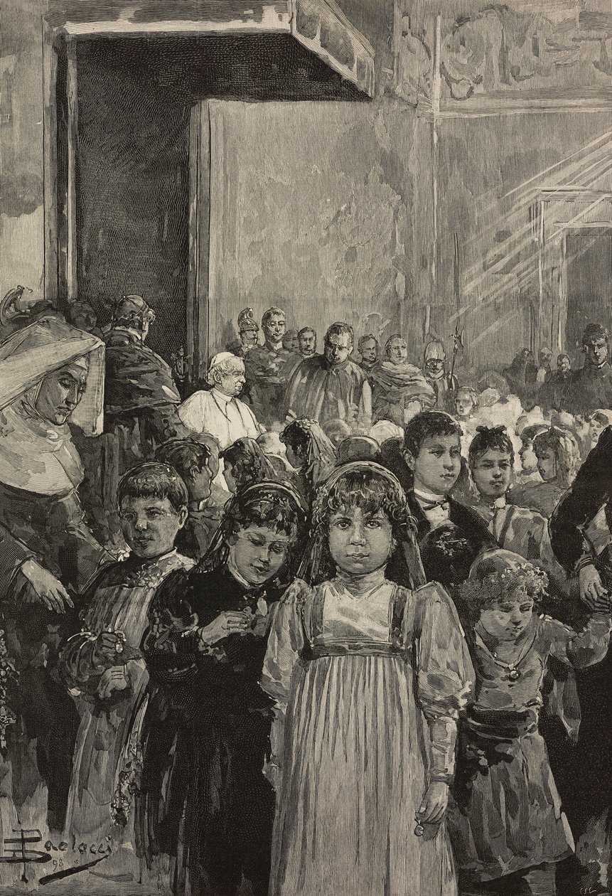 Přijetí dětí na jubilejních oslavách papeže Lva XIII., Vatikán, rytina po kresbě Dante Paolocci, z L