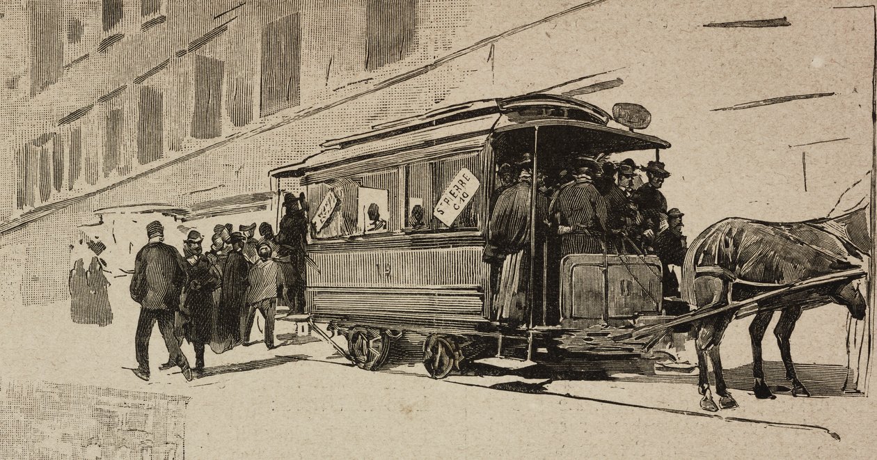 Tramvaj nasměrovaná na svatého Petra u příležitosti biskupského jubilea Lva XIII, Řím, Itálie, rytina podle kresby Dante Paolocci, z L