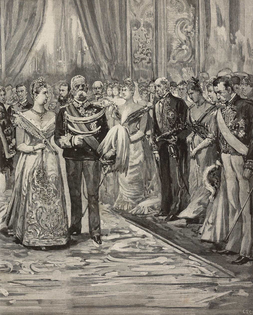 Umberto I a Margherita Savojská na koncertě u příležitosti jejich stříbrné svatby, Palazzo del Quirinale, Řím, Itálie, rytina podle kresby Dante Paolocci, z L