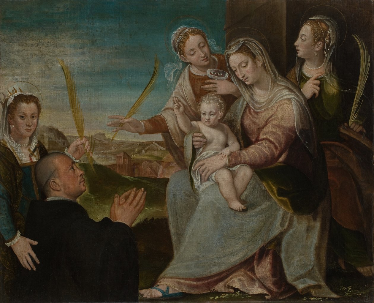 Panna a dítě se Sants Catherine, Lucy, Justina z Padovy a benediktinský mnich od Dario Varotari the Elder