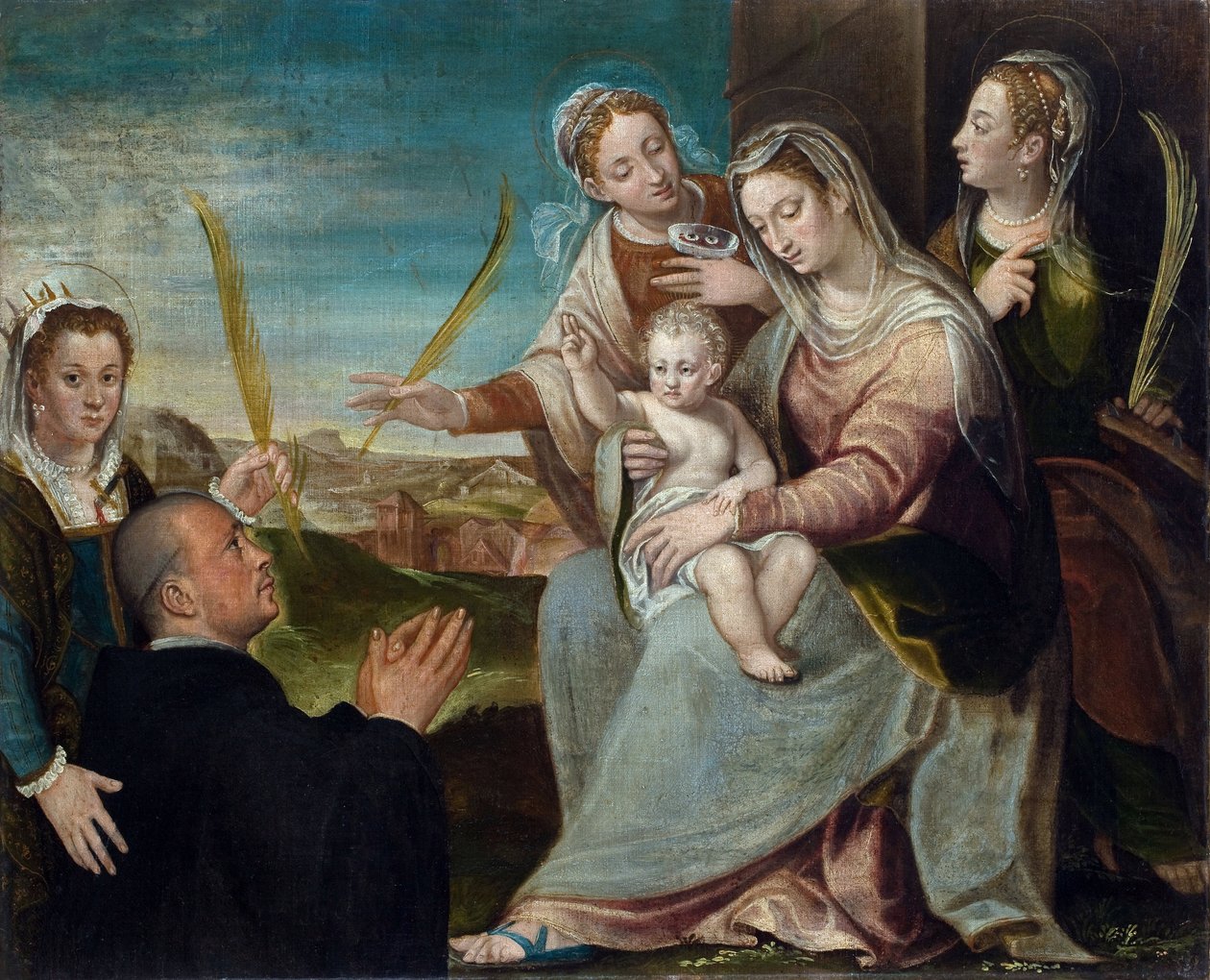 Panna s dítětem se svatou Kateřinou, svatou Lucií, svatou Justinou Paduánskou a benediktinským mnichem - obraz Daria Varotariho, staršího (1539-1596), olej na plátně od Dario the Elder Varotari