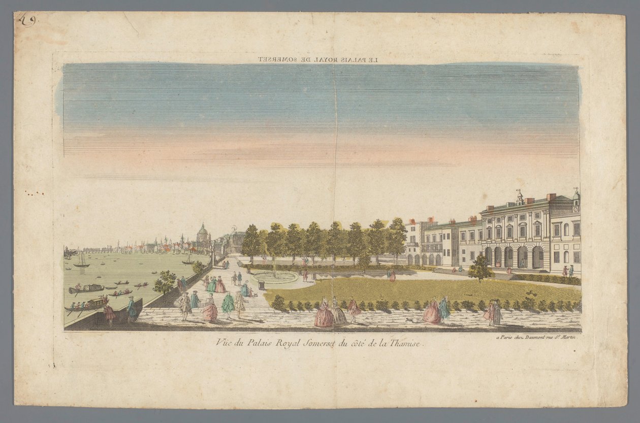 Pohled na Somerset House z břehu Temže s Londýnem v pozadí Le Palais Royal de Somerset / Vue du Palais Royal Somerset du côté de la Thamise (název na objektu) od Daumont