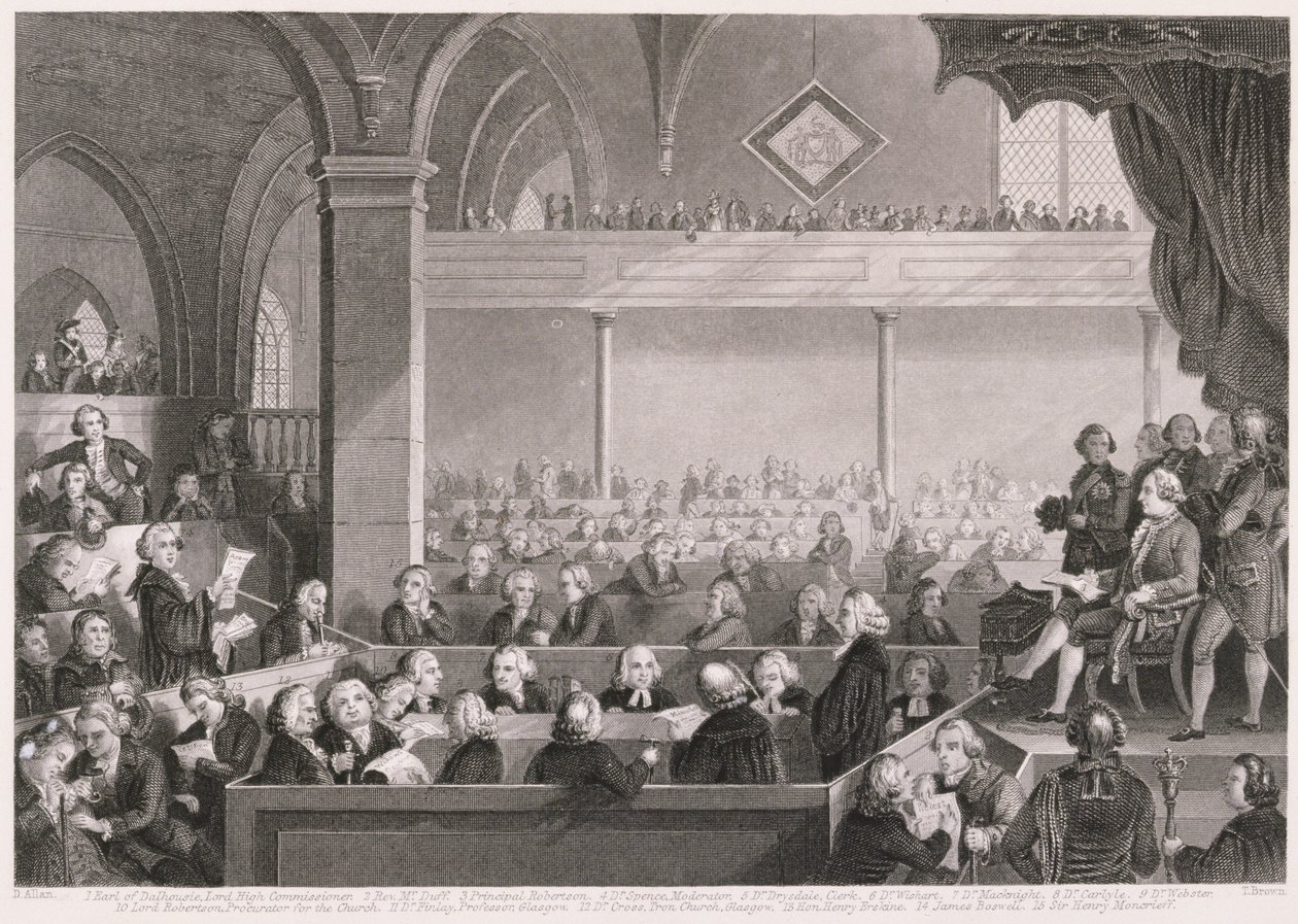 Generální shromáždění Skotské církve jako v roce 1783, vyryto T. Brownem, z „World Religion“, vydané A. Fullarton und Co. od David Allan
