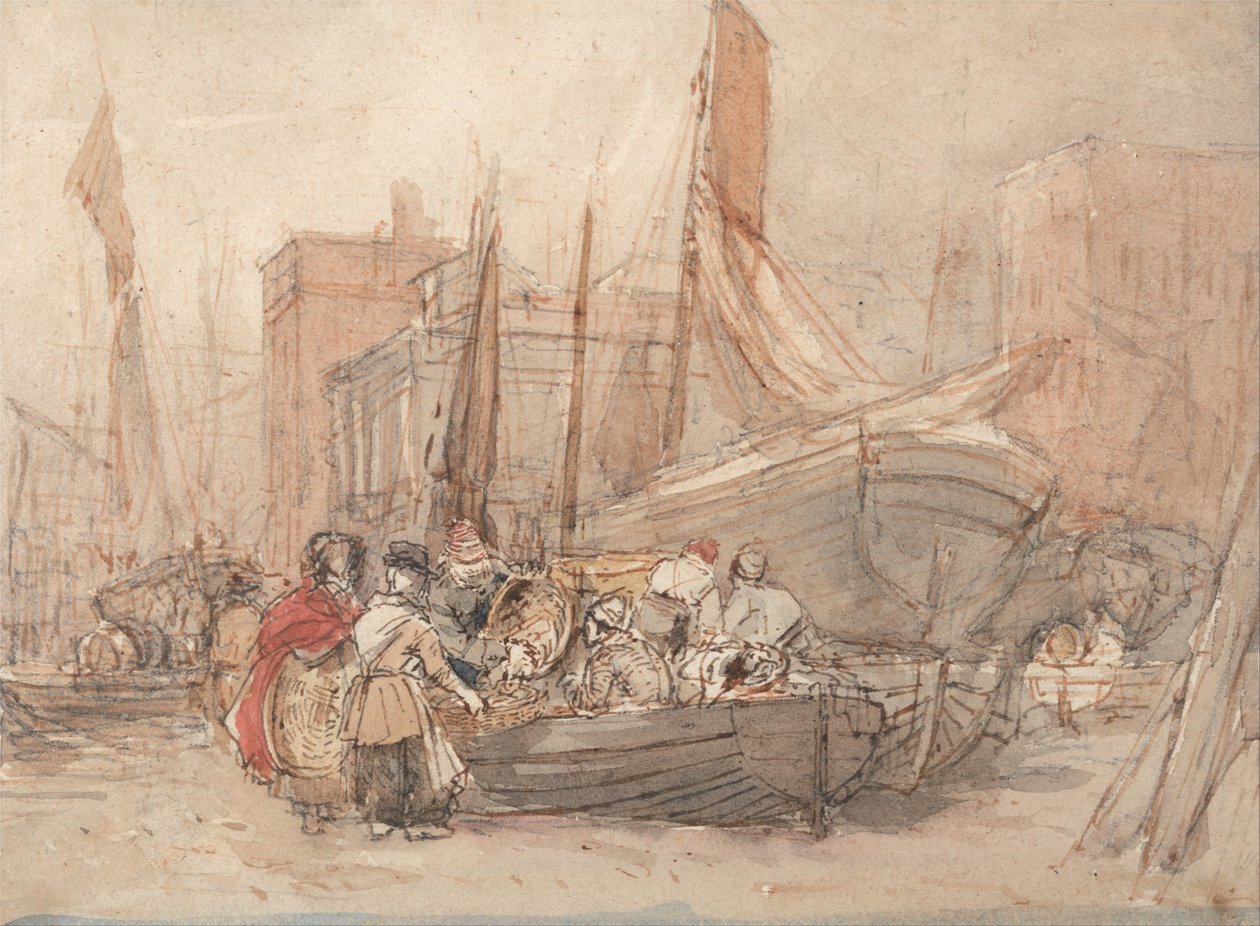 Přístavní scéna s vyloženými rybářskými čluny od David Cox