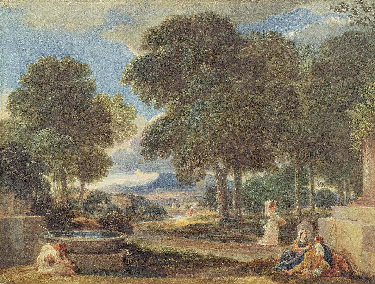 Krajina s mužem, který si myje nohy u fontány, podle Nicolase Poussina (1594-1665) od David Cox
