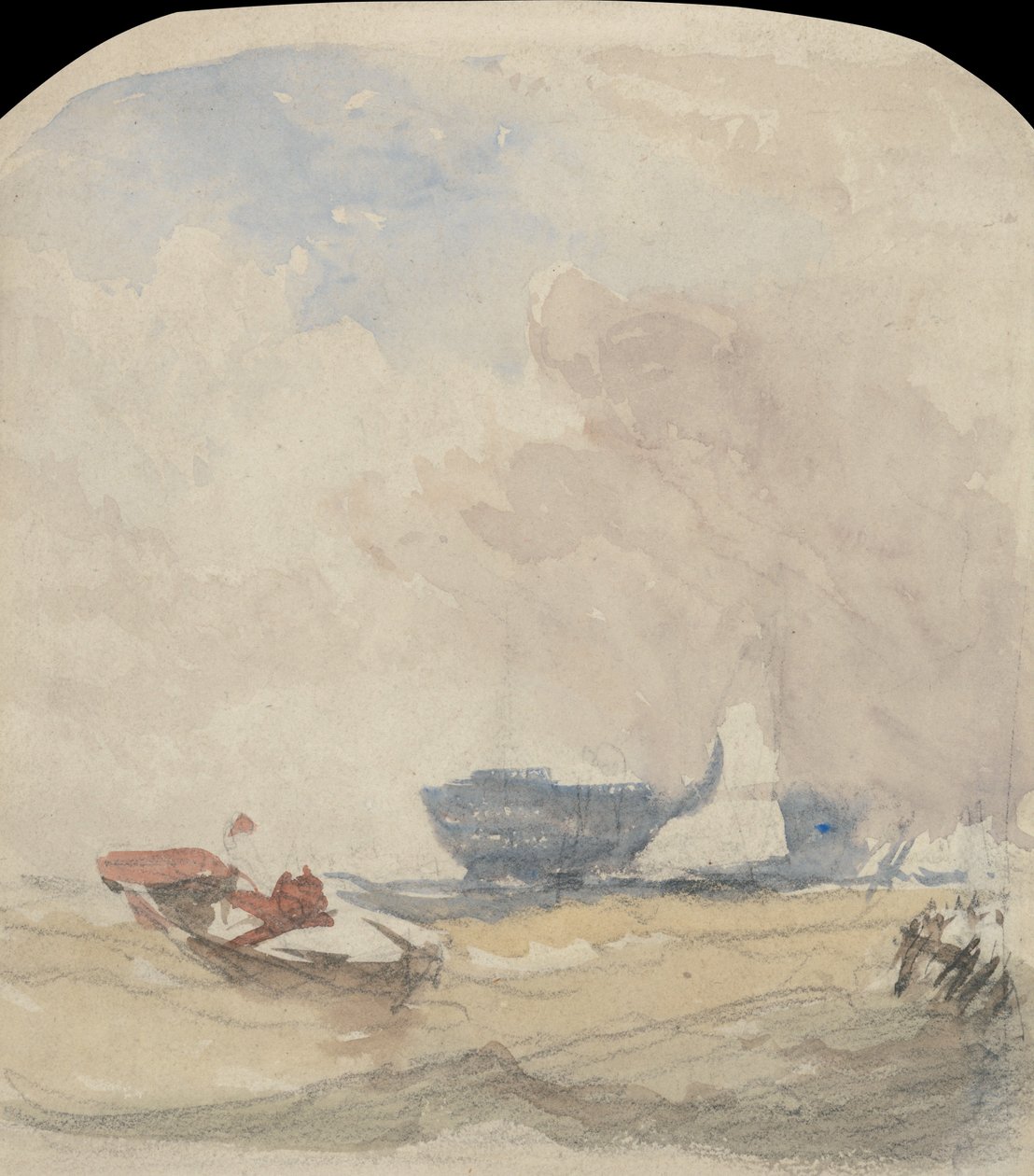 Studie na moři s Hulkem, plachetnicí a veslicemi od David Cox