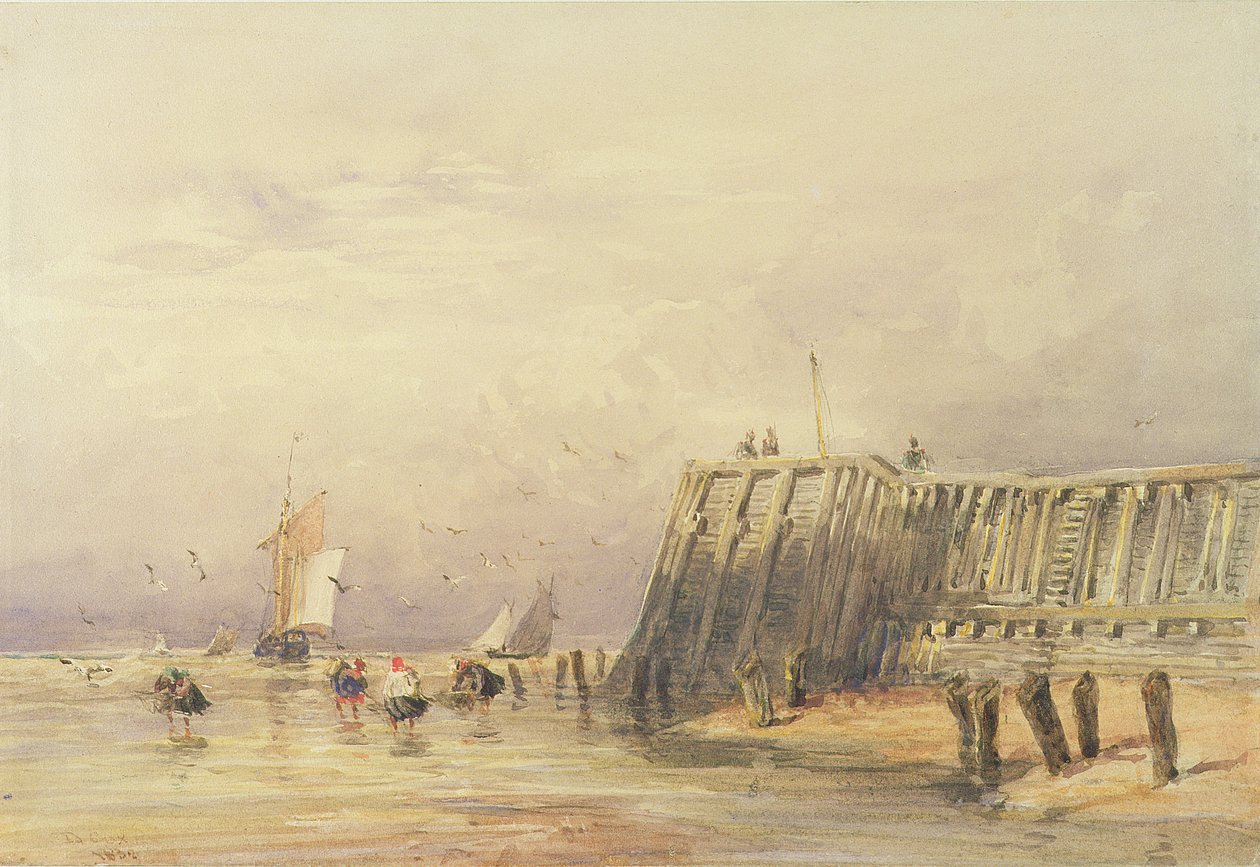 Přímořská krajina s plachetními čluny a postavami brodícími se u pobřeží, 1832 od David Cox