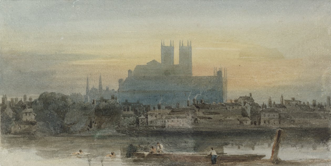 Westminster z Lambeth, kolem roku 1813 (wc přes grafit s škrábáním na papíře) od David Cox