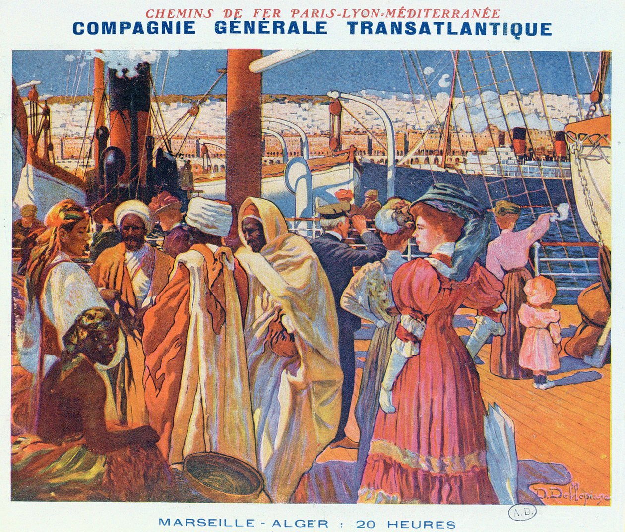 Plakát propagující lodní dopravu „Compagnie Generale Transatlantique“ z Marseille do Alžíru za 20 hodin, 1909 od David Dellepiane