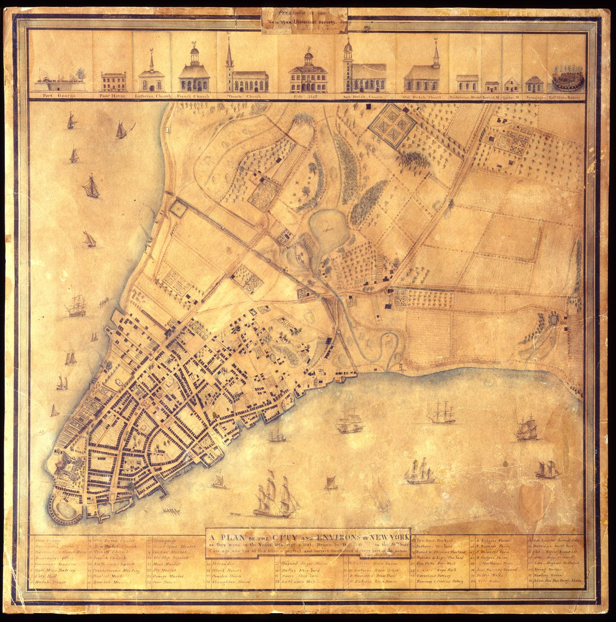Plán města a okolí New Yorku tak, jak byly v letech 1742-1744, 1813 Černobílé pero, akvarel, tužka na papíře. od David Grim