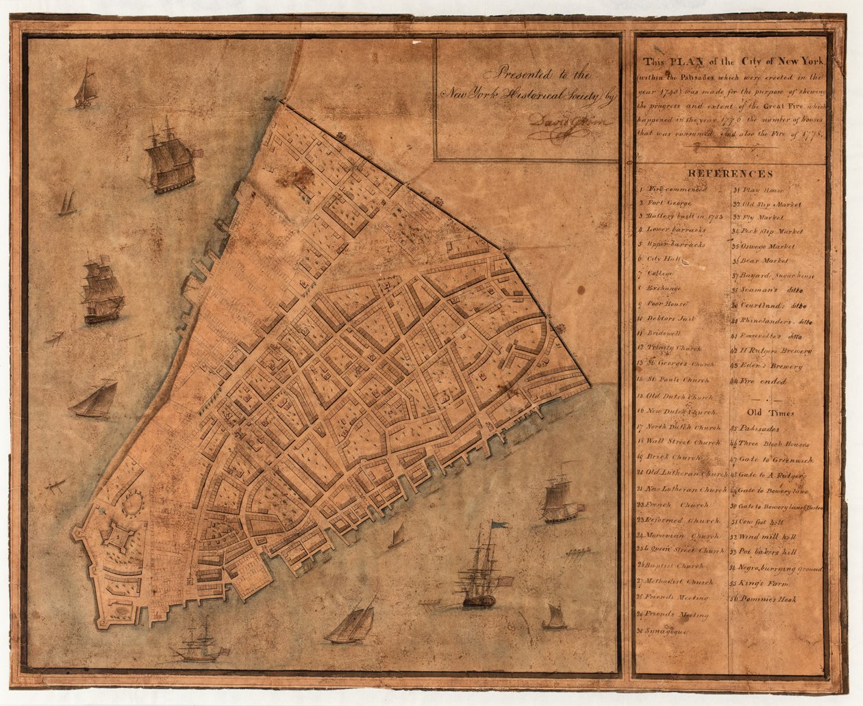 Tento plán města New York (v rámci palisád, které byly vztyčeny v roce 1745) byl vytvořen za účelem ukázat průběh a rozsah velkého požáru, ke kterému došlo v r. od David Grim