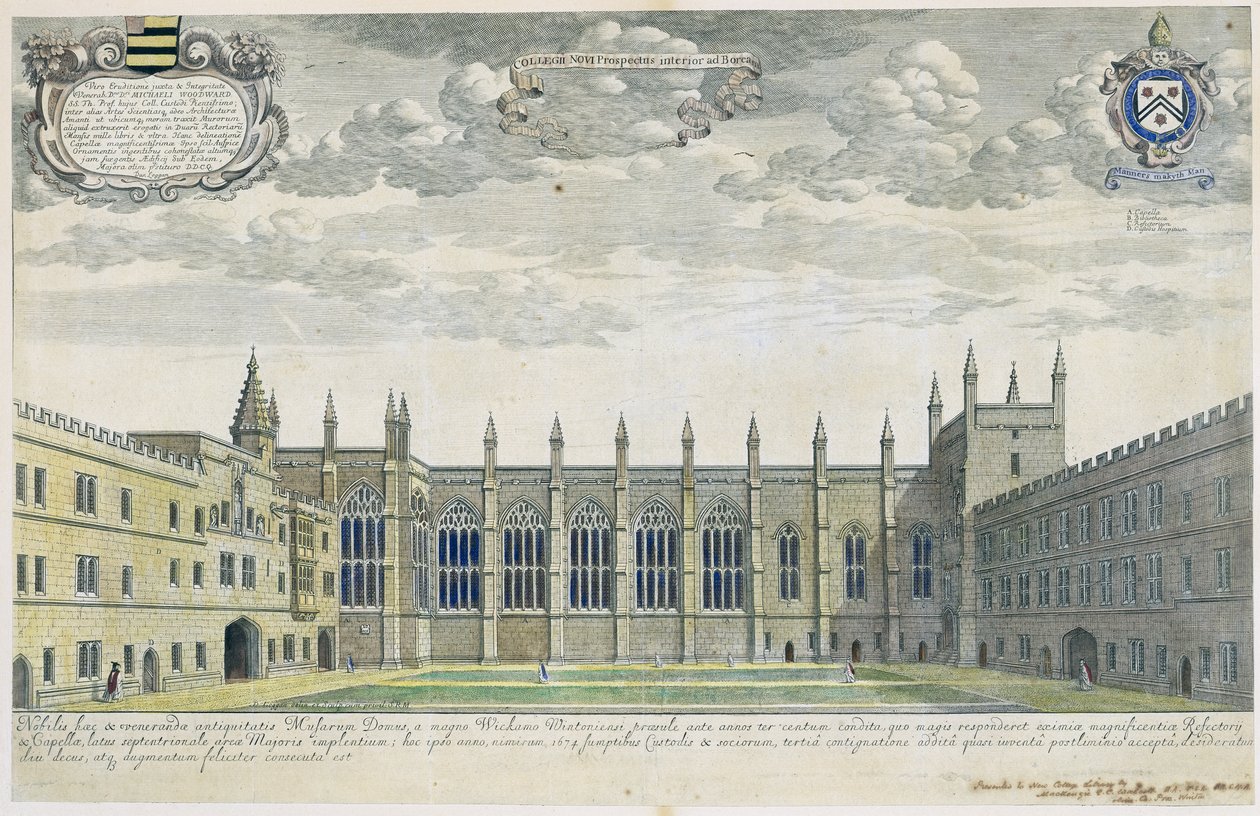 Collegium Novum: vyvýšený pohled na New College Front Quad z jihu, 1675 (rytina s pozdější ruční kolorací) od David Loggan
