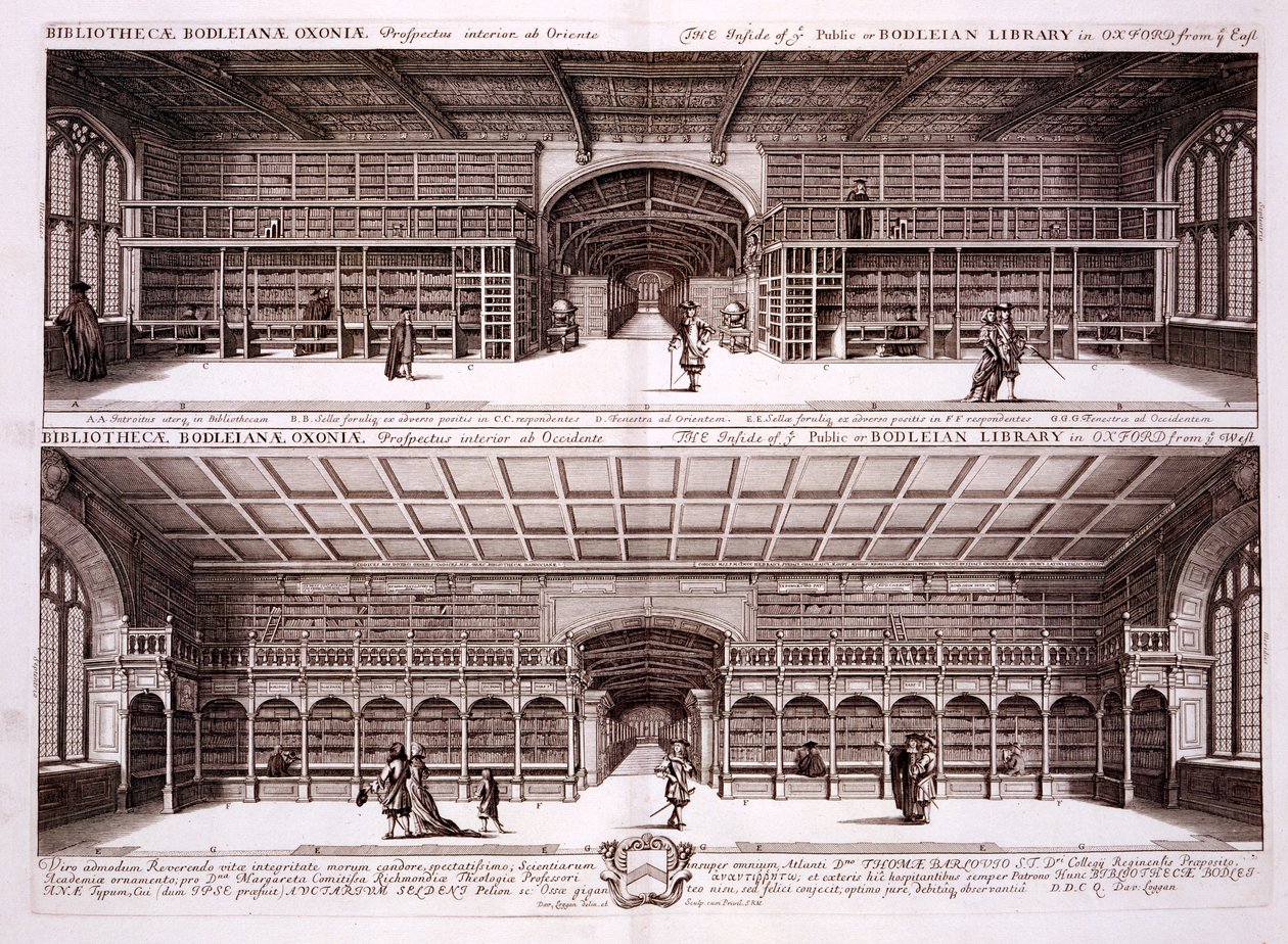 Interiér Bodleian Library, Oxford, z Oxonia Illustrata, 1675 od David Loggan