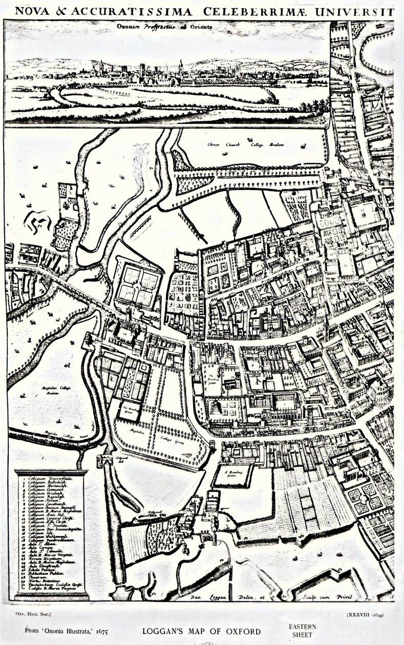 Logganova mapa Oxfordu, východní list, z „Oxonia Illustrated“, vydaná v roce 1675 od David Loggan
