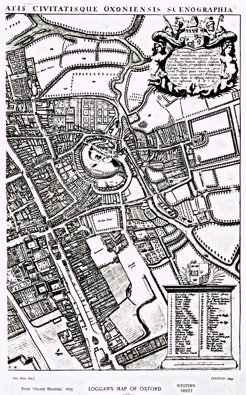 Logganova mapa Oxfordu, Western Sheet, z „Oxonia Illustrated“, vydaná v roce 1675 od David Loggan