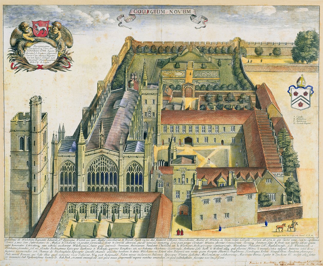 New College, Oxford, z knihy "Oxonia Illustrata", vydané roku 1675 od David Loggan
