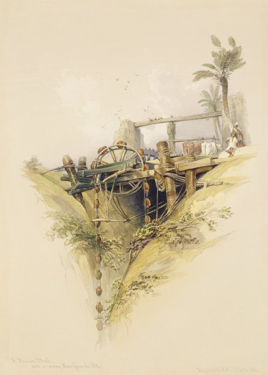 Perské vodní kolo, používané při získávání vody z Nilu, z Egypta a Núbie, sv.1 od David Roberts