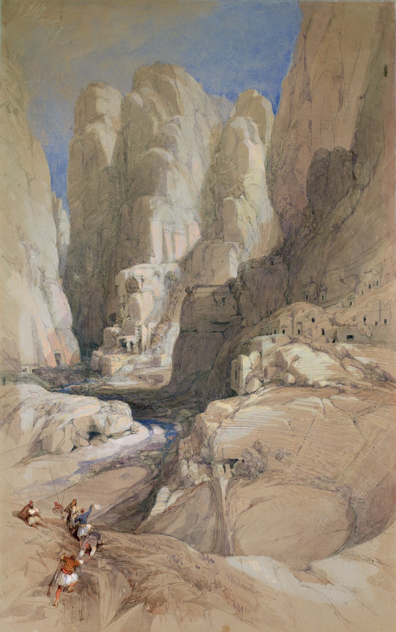 Vchod do Petry, Jordánsko, 1839 (Wc zvýšené bílou na světle šedém papíře) od David Roberts