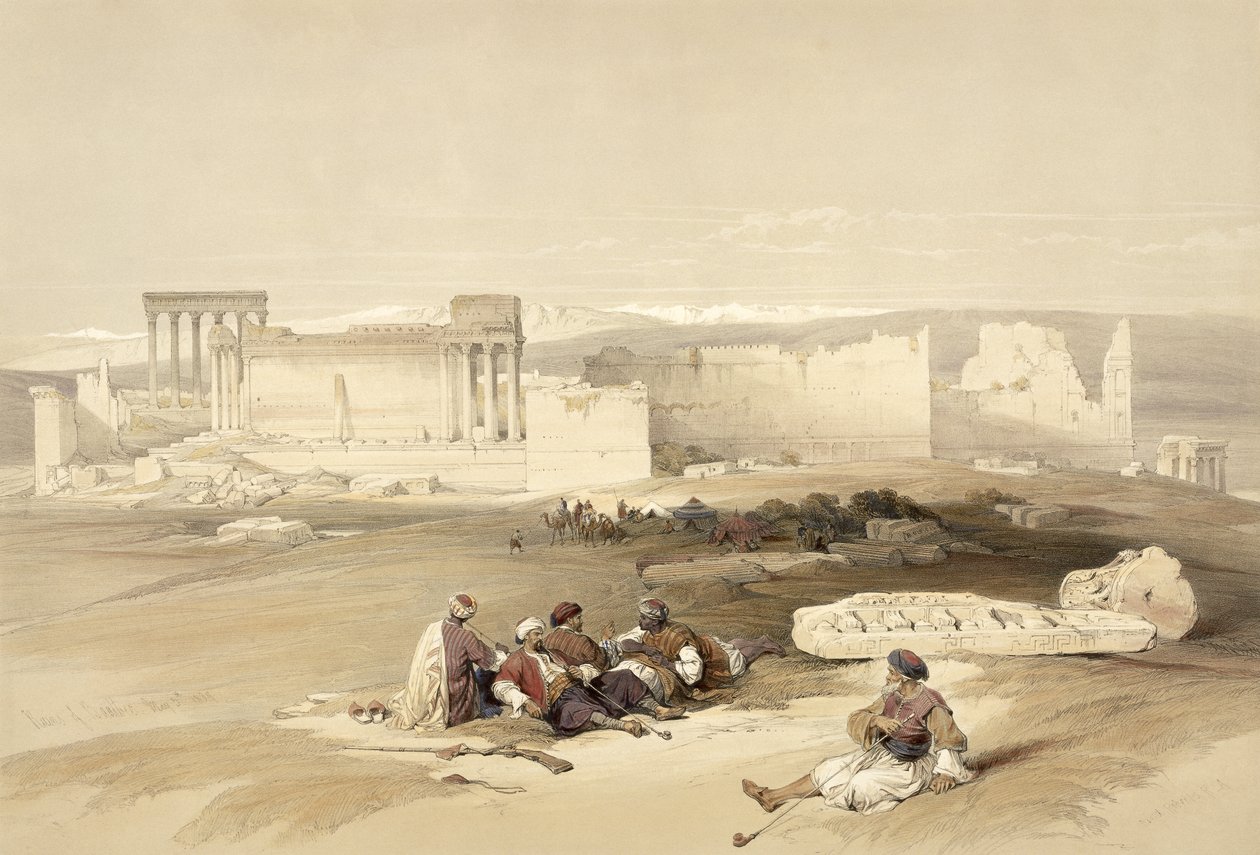Zříceniny Baalbeku, 5. května 1839, deska 77 ze svazku II knihy "Svatá země", vyryl Louis Haghe (1806-85) pub. 1843 od David Roberts