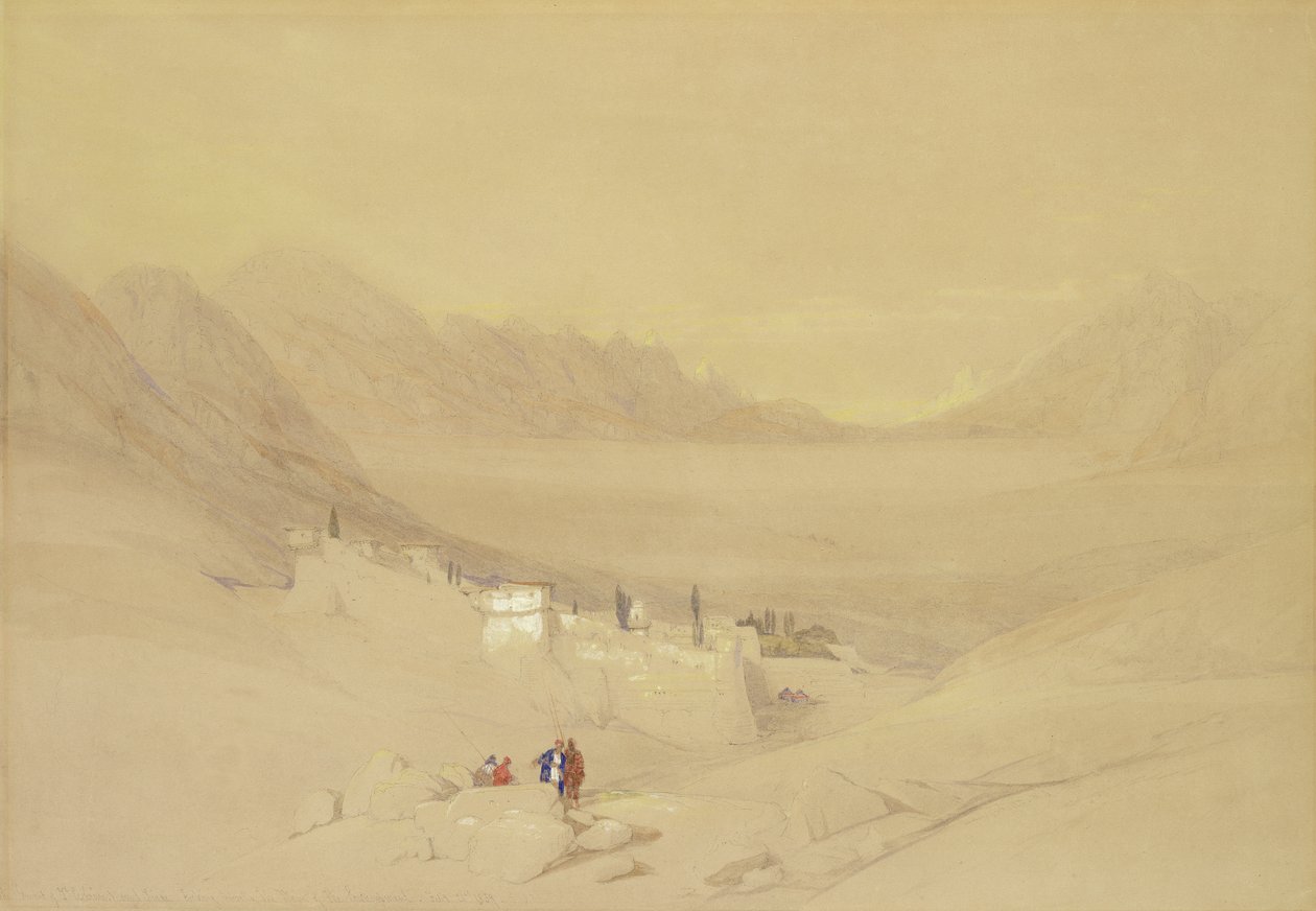 Klášter svaté Kateřiny, hora Sinaj, při pohledu na pláně tábora, 1839 (wc přes grafit na papíře) od David Roberts