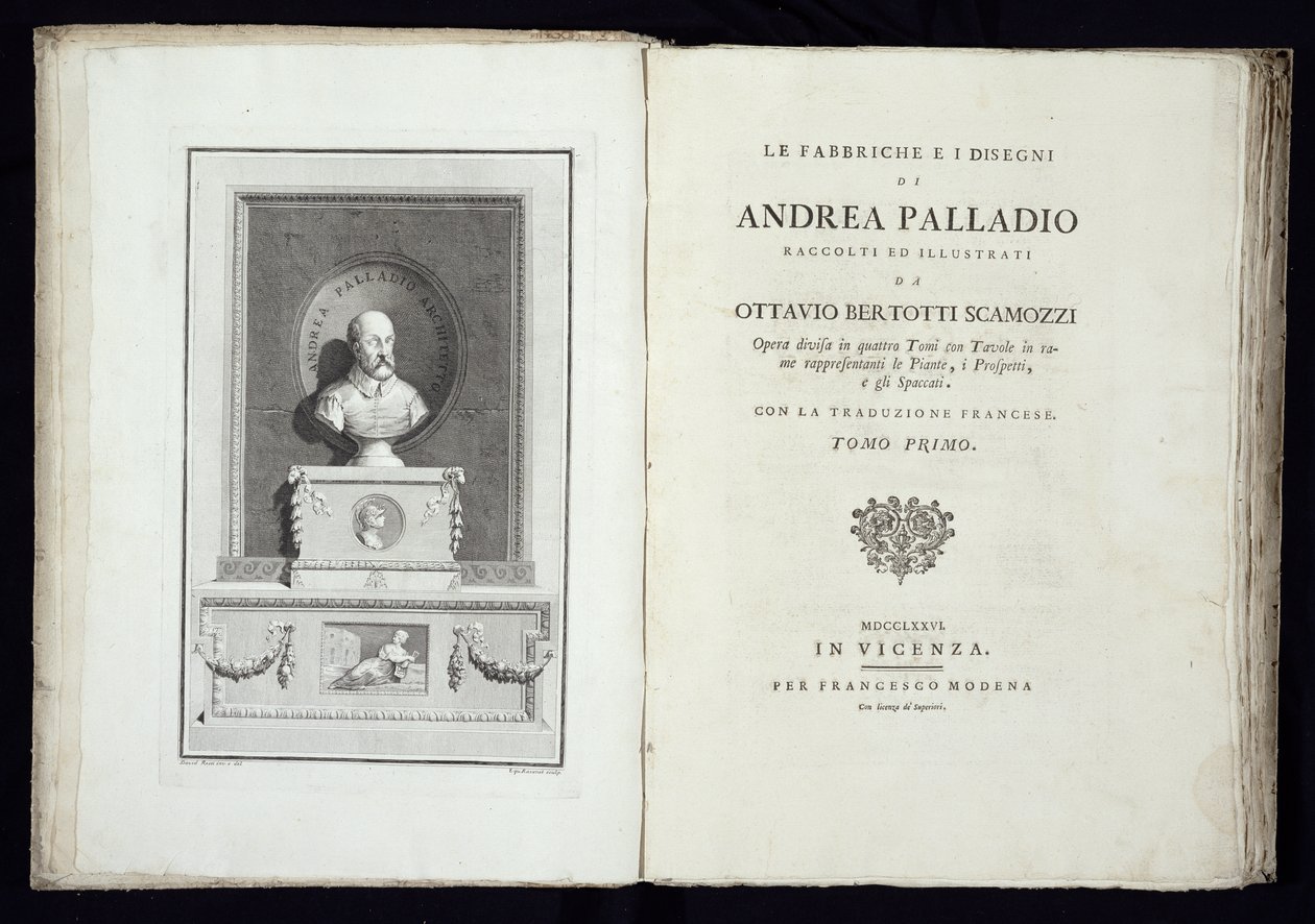 Titulní list knihy Le Fabbriche e i Disegni di Andrea Palladio s portrétem architekta, vyryl Simon Francis Ravenet (1737-1821), vydáno 1776. od David Rossi