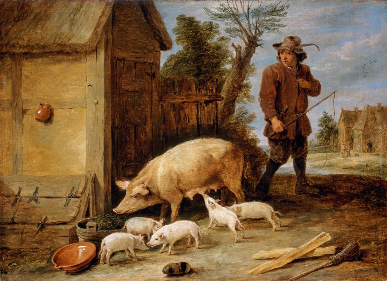 Prasnice a její vrh od David Teniers the Younger