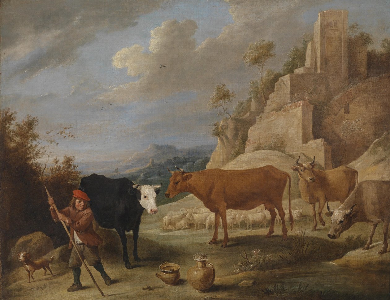 Ovčák se svým stádem v krajině ruin od David Teniers the Younger
