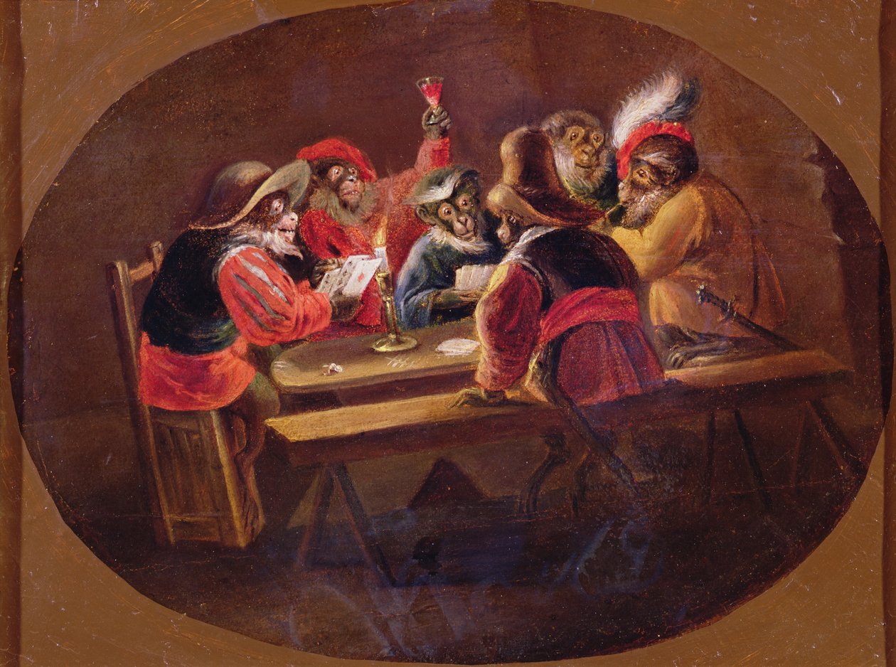 Opice oblečené jako vojáci hrající karty a kolotoč od David Teniers the Younger