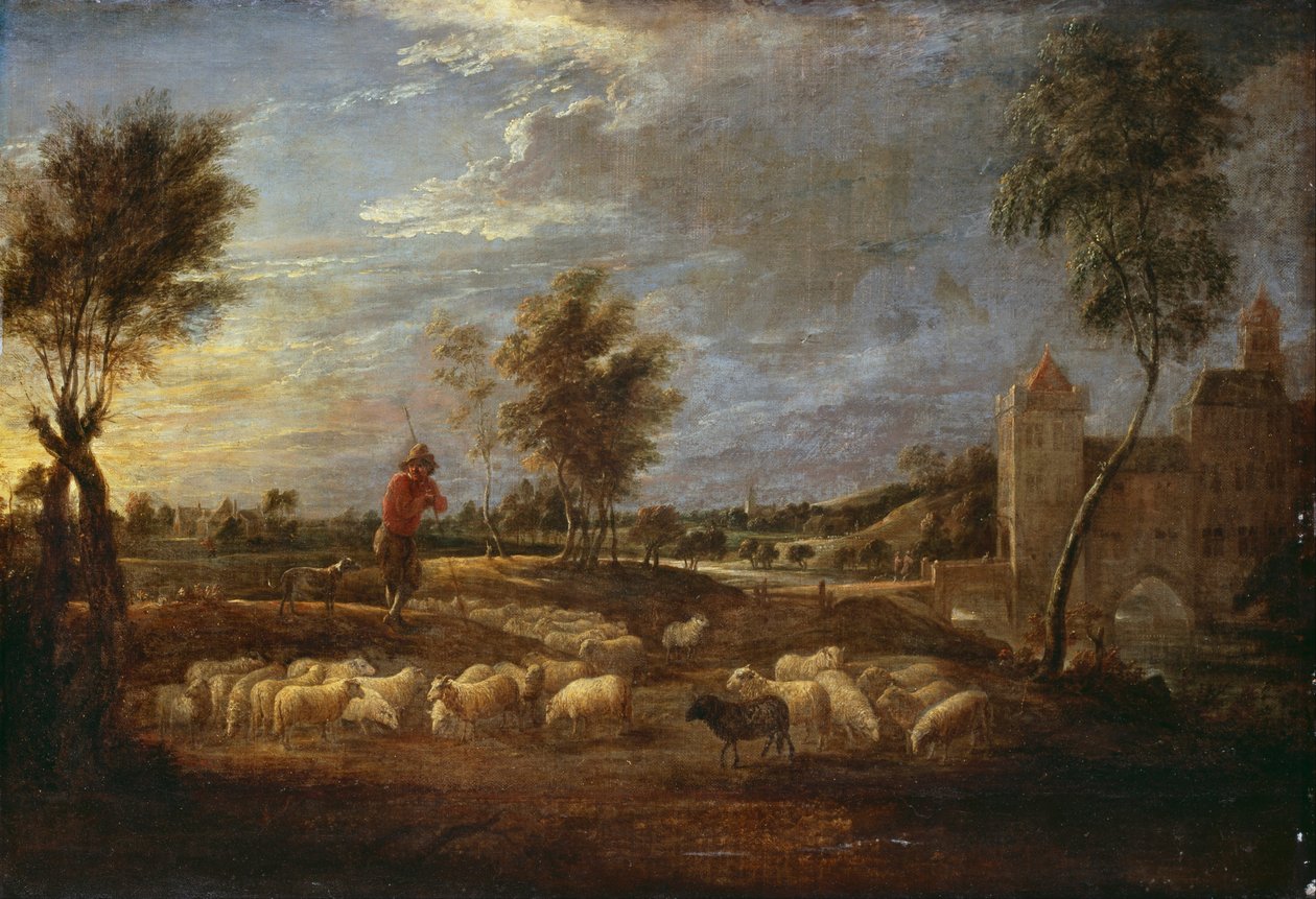 Krajina západu slunce s pastýřem a jeho stádem od David Teniers the Younger