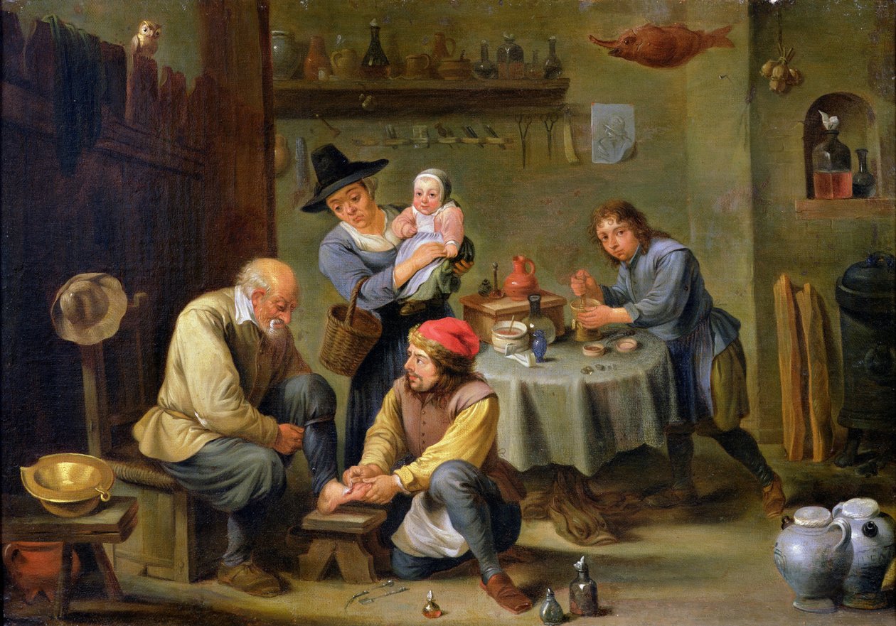 Chirurg pečující o nohu starého muže od David Teniers the Younger