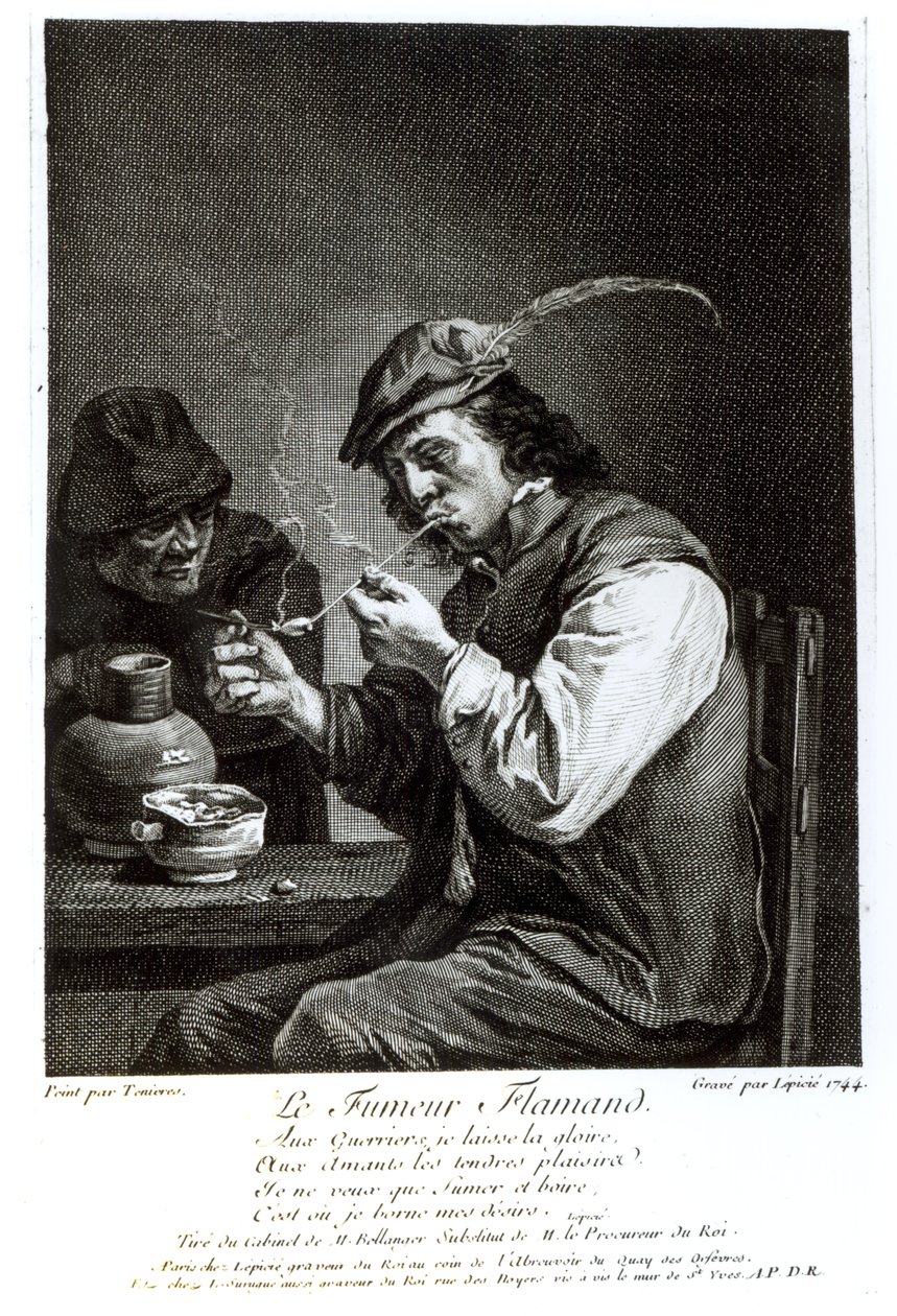 Vlámský kuřák, vyrytý Francois Bernard Lepicie (1698-1755), 1744 od David Teniers the Younger