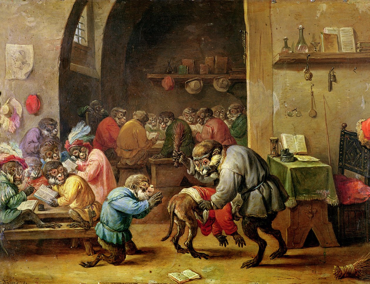 Opice ve škole (olej na mědi) od David Teniers the Younger