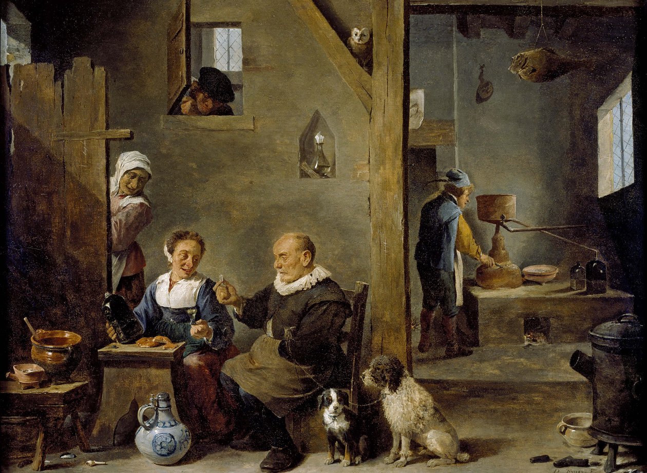 Lihovar se starším mužem kupujícím od ženy gin, asi 1640-49 od David Teniers the Younger