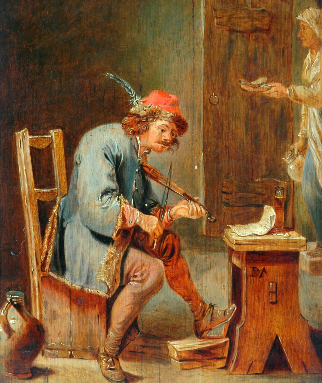 Muž hrající na housle, 1800-50 (olej na dřevěné desce) od David Teniers the Younger