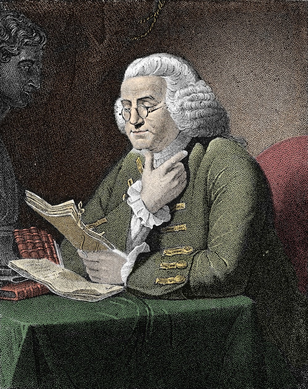 Portrét Benjamina Franklina (1706-1790), amerického filozofa, fyzika a velvyslance. Rytina podle obrazu Davida Martina. od David (after) Martin