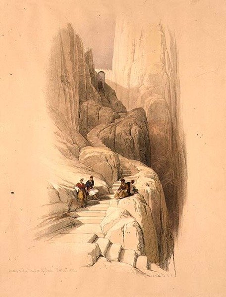 Výstup na Summit of Sinaj, 20. února 1839, deska 115 ze svazku III „Svatá země“, vyryl hospodou Louis Haghe (1806-85). 1849 (litho) od David (after) Roberts