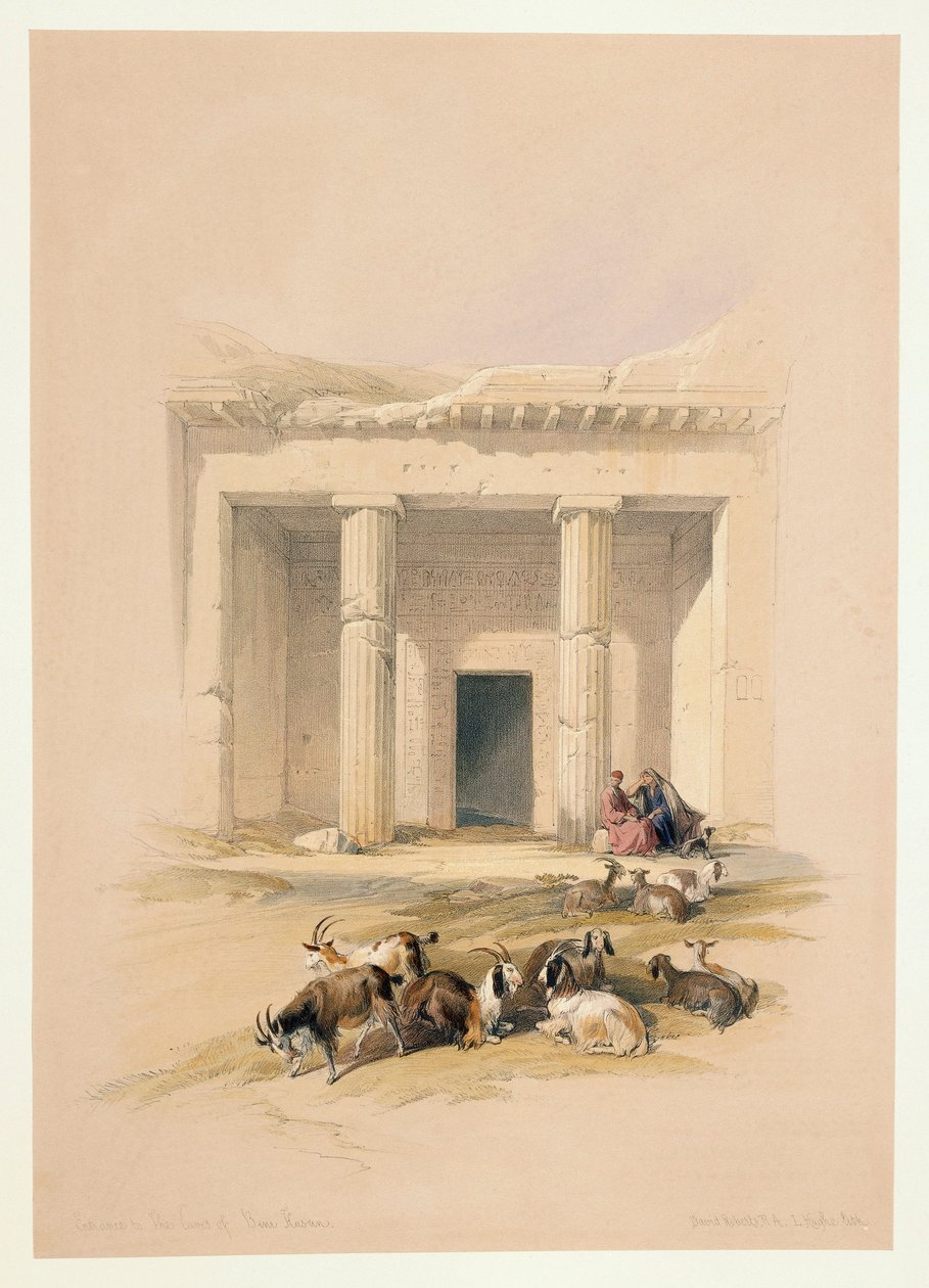 Egypt, vstup do jeskyní Beni Hassan, rytina podle kresby Davida Robertse od David (after) Roberts