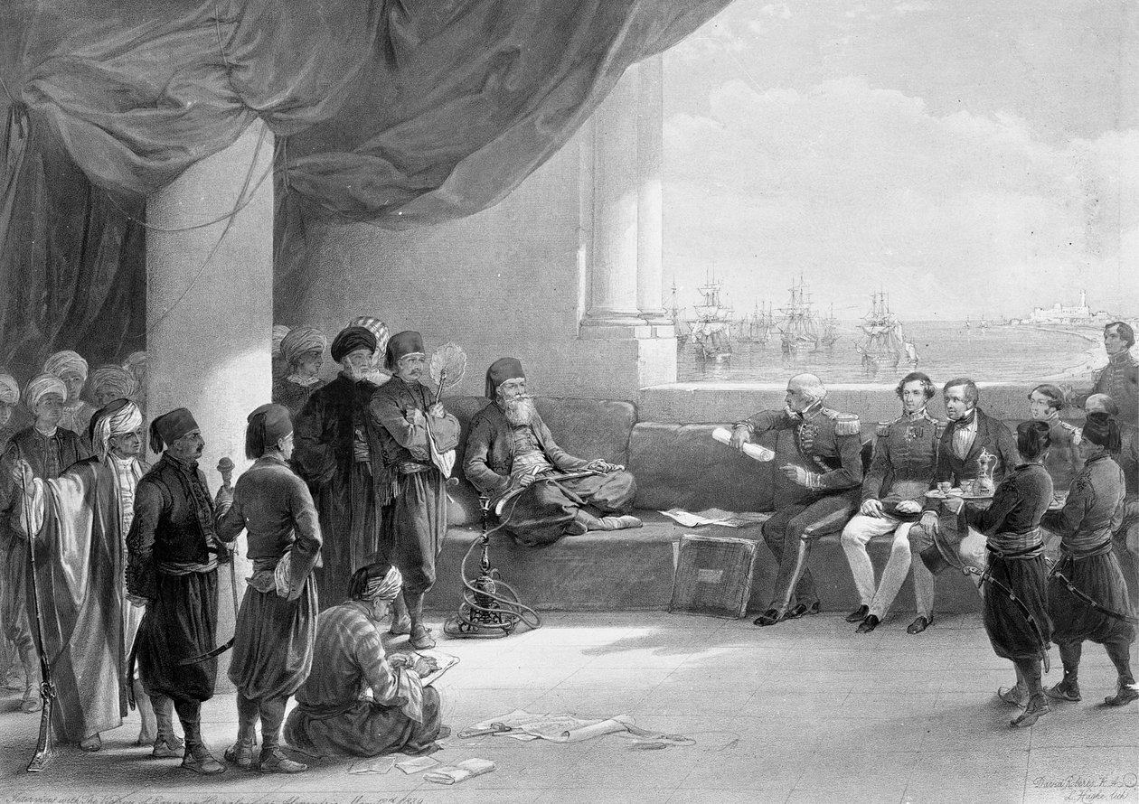 Rozhovor s místokrálem Egypta u něj v Alexandrii, z „Egypt a Nubie“, litografoval Louis Haghe od David (after) Roberts
