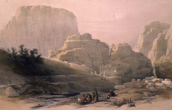 Dolní konec údolí zobrazující Akropoli, Petra, 9. března 1839, deska 102 ze svazku III 