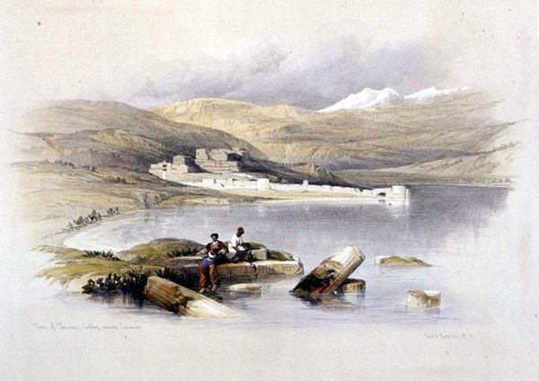Město Tiberias při pohledu na Libanon, deska 35 ze svazku I „Svatá země“, vyryté hospodou Louis Haghe (1806-85). 1842 (litho) od David (after) Roberts