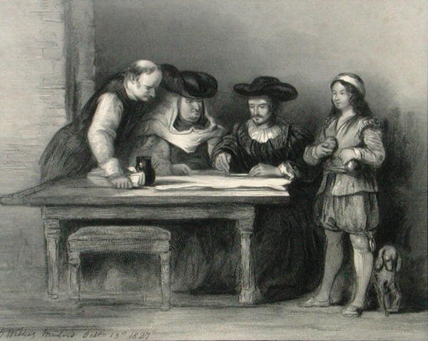 Kryštof Kolumbus (1451-1506) v klášteře v la Rabida z „Galerie portrétů“, publikoval 1833 (rytina) od David (after) Wilkie