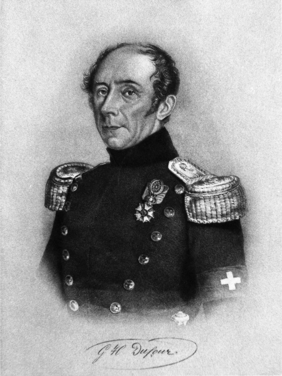 Portrét Guillauma-Henriho Dufoura (1787-1875), švýcarského generála, inženýra, topografa a spoluzakladatele Mezinárodního výboru Červeného kříže, rytina podle kresby Karla Friedricha Irmingera (1813-1863) od John Ward Dunsmore