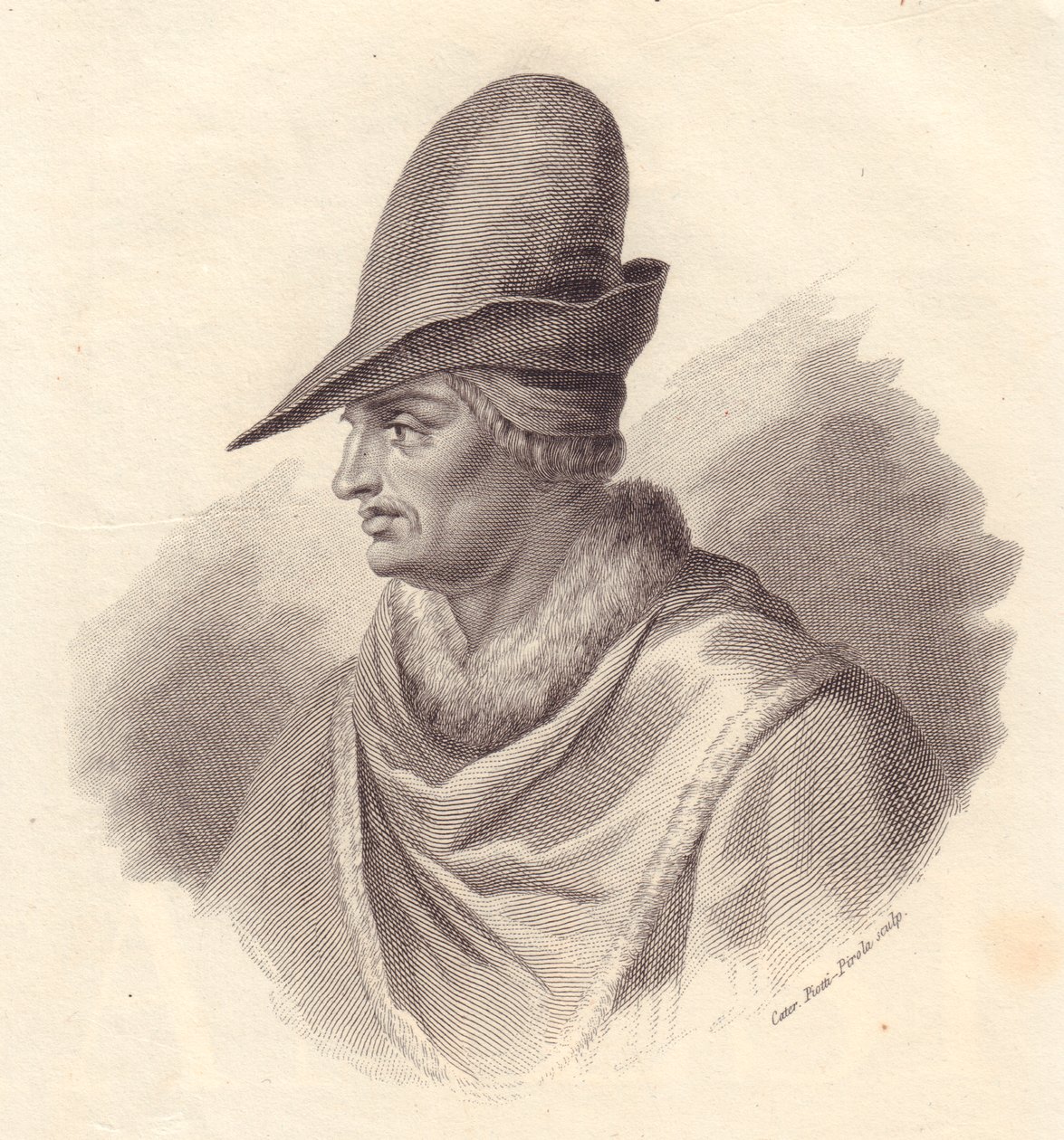 Portrét italského vojevůdce Uguccione della Faggiola (1250-1319), mědirytina od Caterina Piotti-Pirola od John Ward Dunsmore