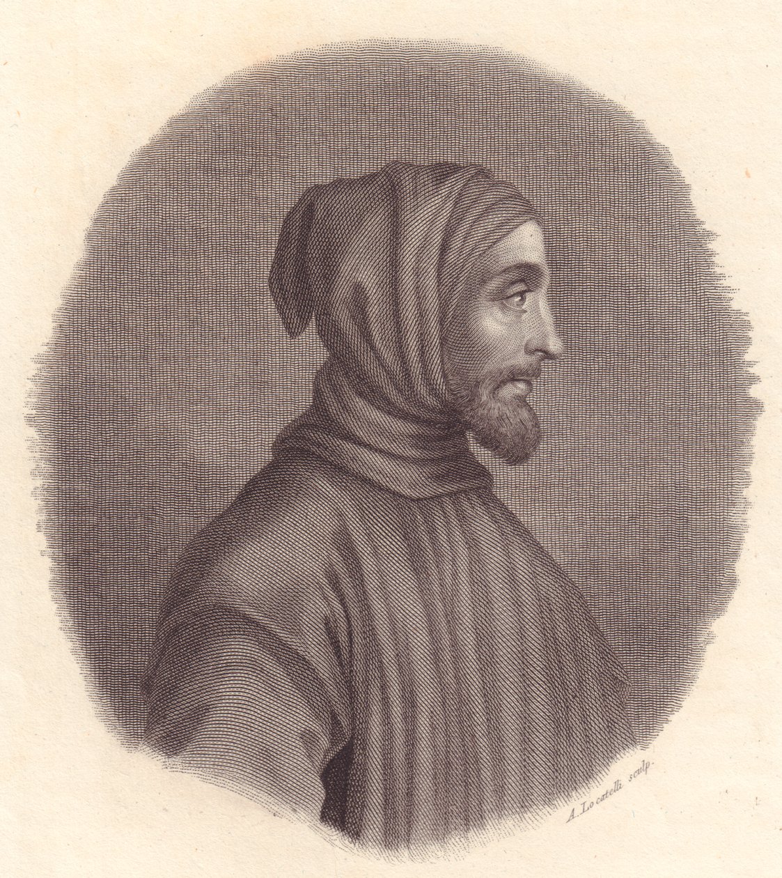 Portrét italského malíře Cimabueho (asi 1240-1302), mědirytina od Locatelliho podle portrétu Simone Seneseho od John Ward Dunsmore