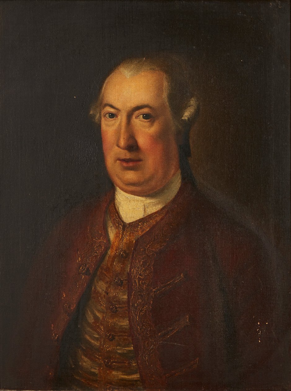 Poloviční portrét gentlemana ve vyšívané bundě a vestě (olej na plátně) od David (follower of) Martin