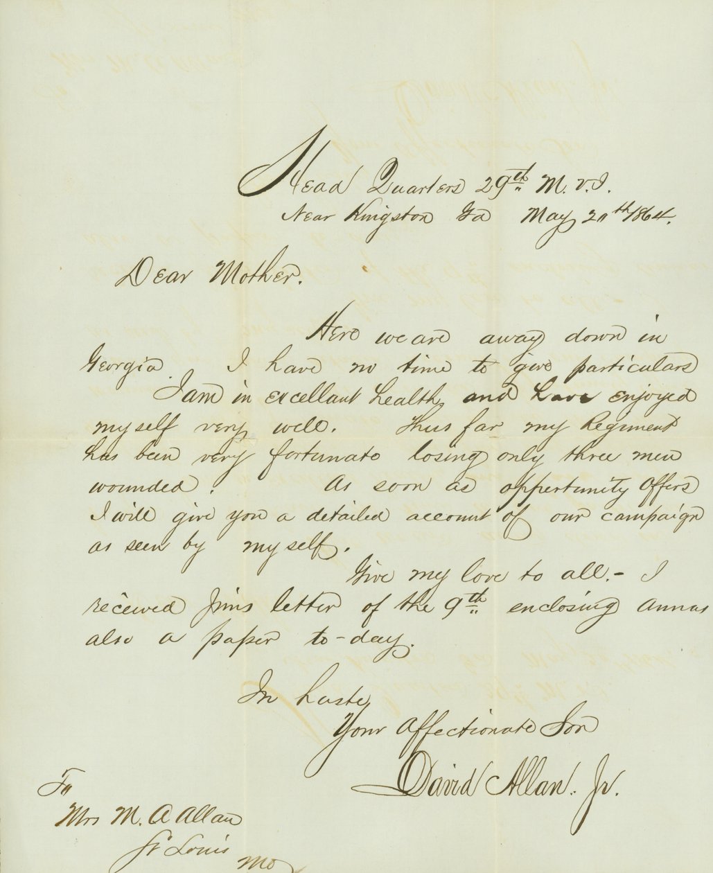 Dopis podepsaný Davidem Allanem, Jr., Head Quarters 29th M.V.I., poblíž Kingston, Georgia, jeho matce paní M. A. Allan, St. Louis, Mo., 20. května 1864 od David Allan