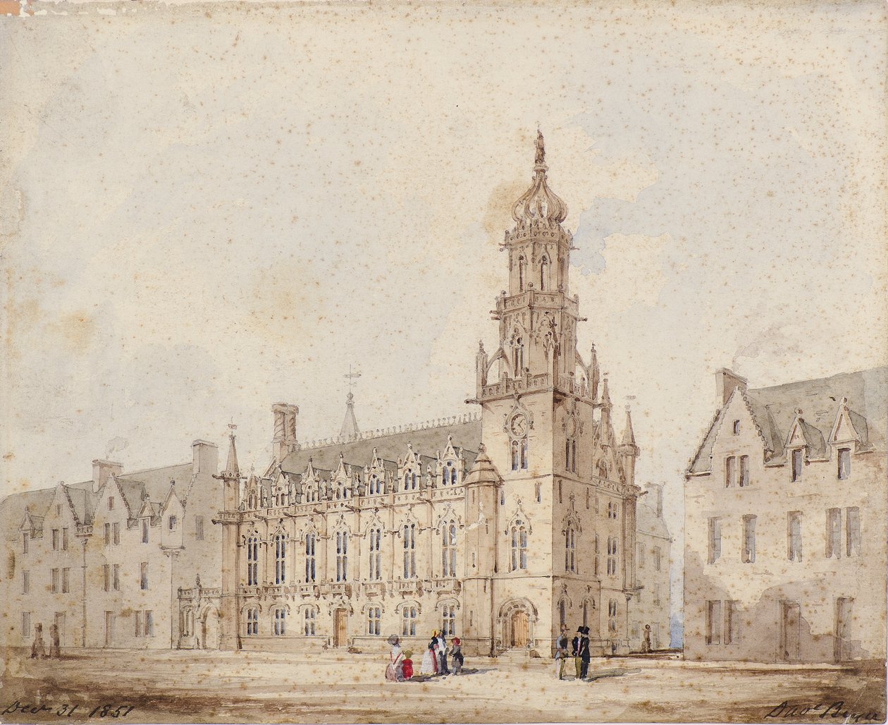 Dundee Royal Exchange s věží a korunou: První kresba od David Bryce