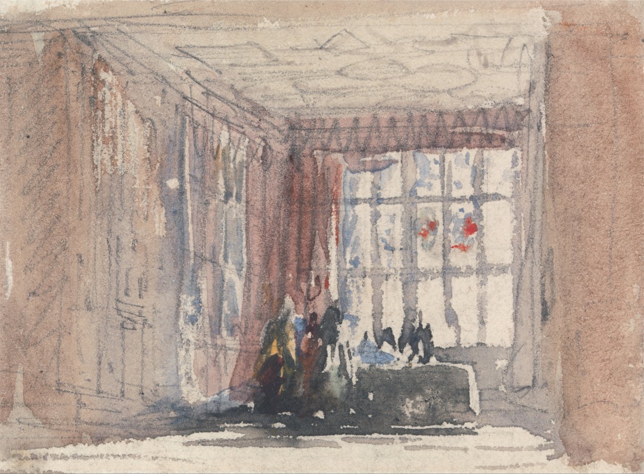 Tudorovský pokoj s postavami, pravděpodobně Hardwick Hall nebo Haddon Hall od David Cox
