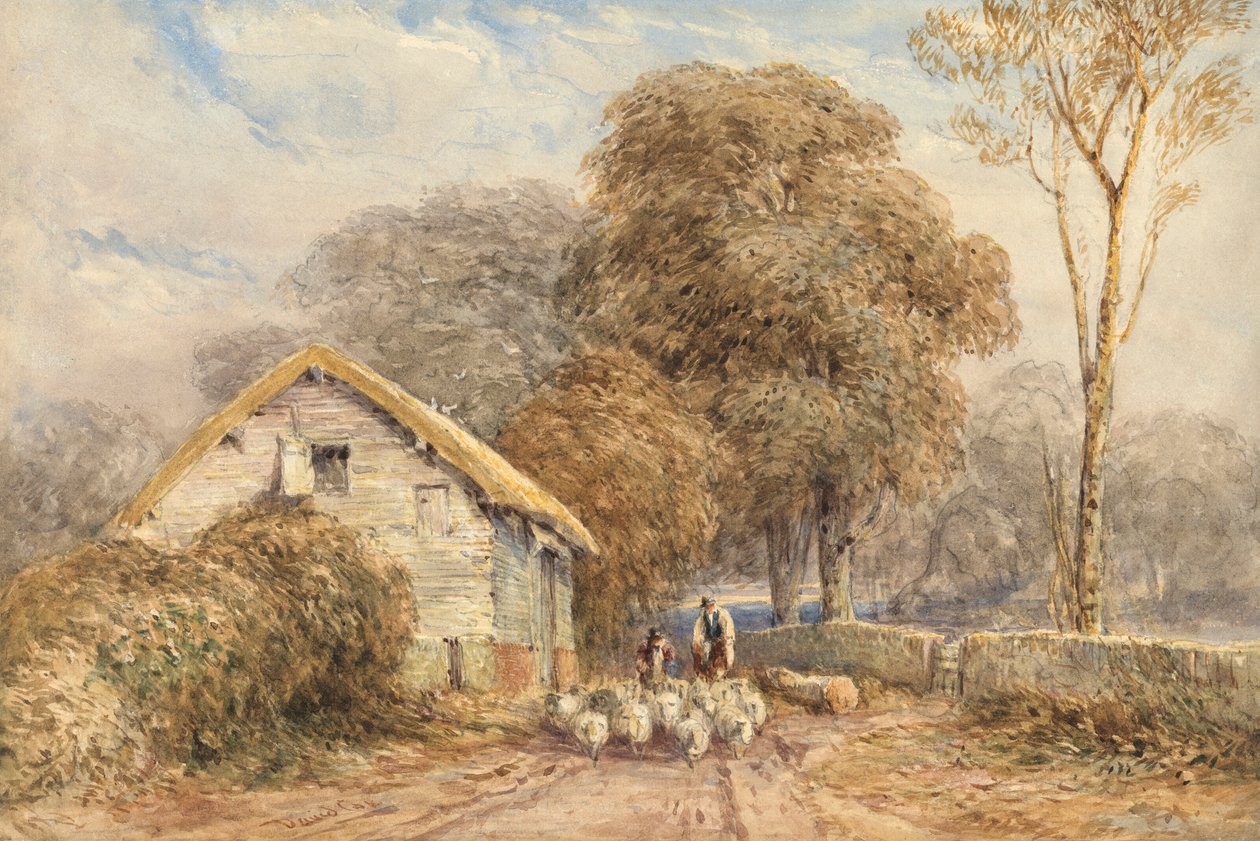 Poutník na koni s pastýřem a jeho ovcemi u stodoly na venkovské cestě. od David Cox